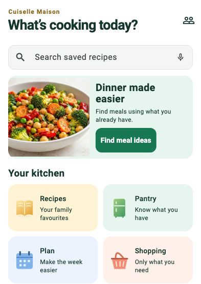Cuiselle Maison Home interface with Recipes, Pantry, Plan and Shopping shortcuts