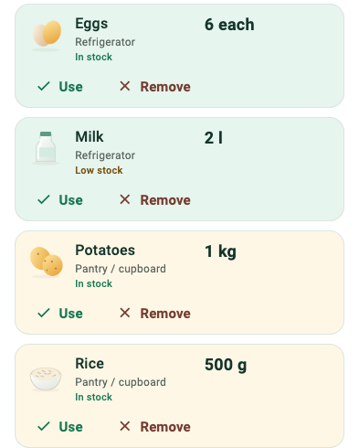 Living Pantry excerpt showing recorded eggs, milk, potatoes and rice, including a low-stock label