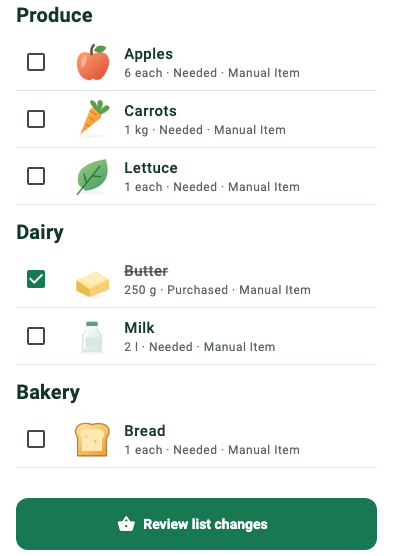Shopping List excerpt with produce, dairy and bakery groups and an explicit Review list changes action
