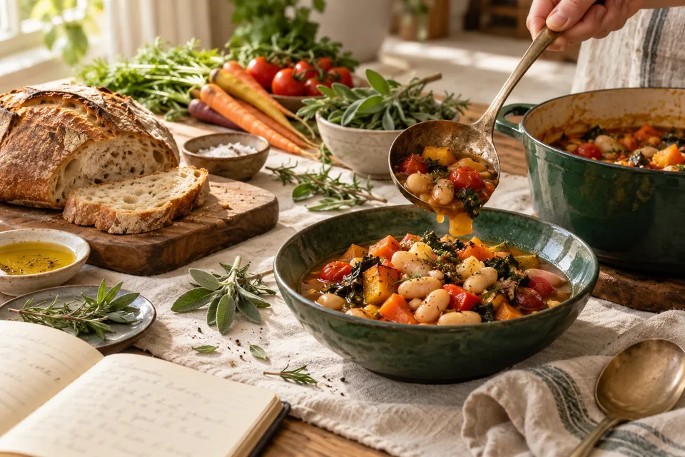 Illustrative food scene: vegetable stew, fresh bread and herbs around a sunlit table
