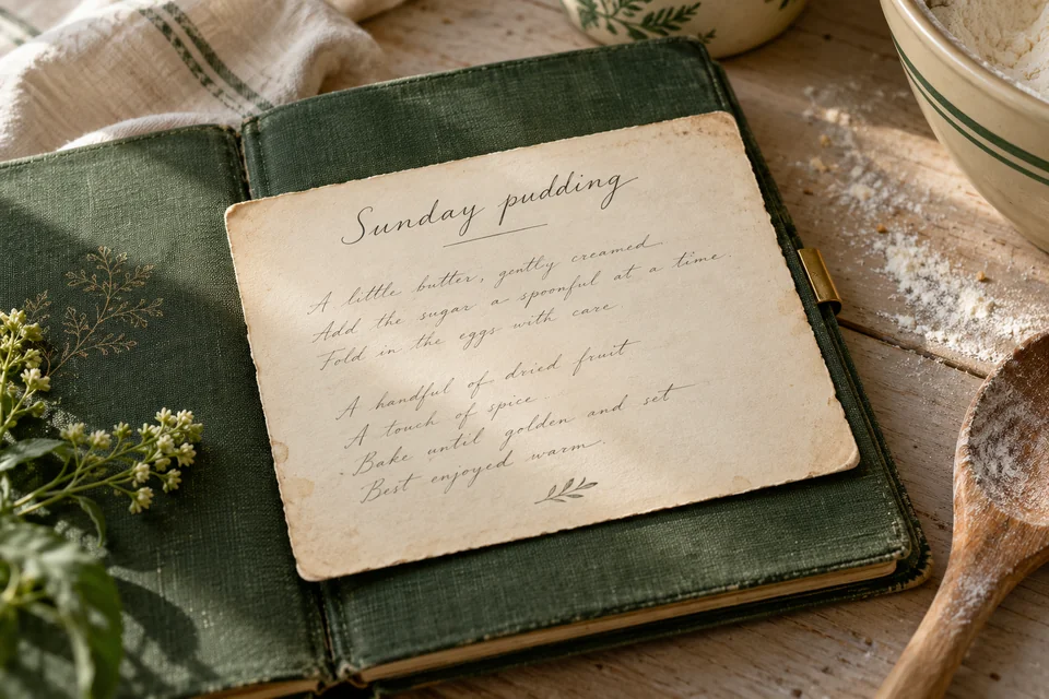 Illustrative Sunday pudding recipe card on a green recipe book